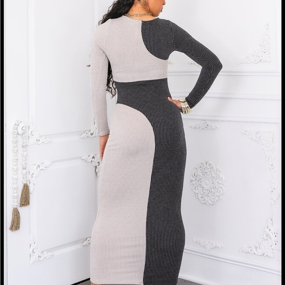 Ribbed Green and Pink Maxi Bodycon Dress with Long Cuffed Sleeves - Picture 4 of 8